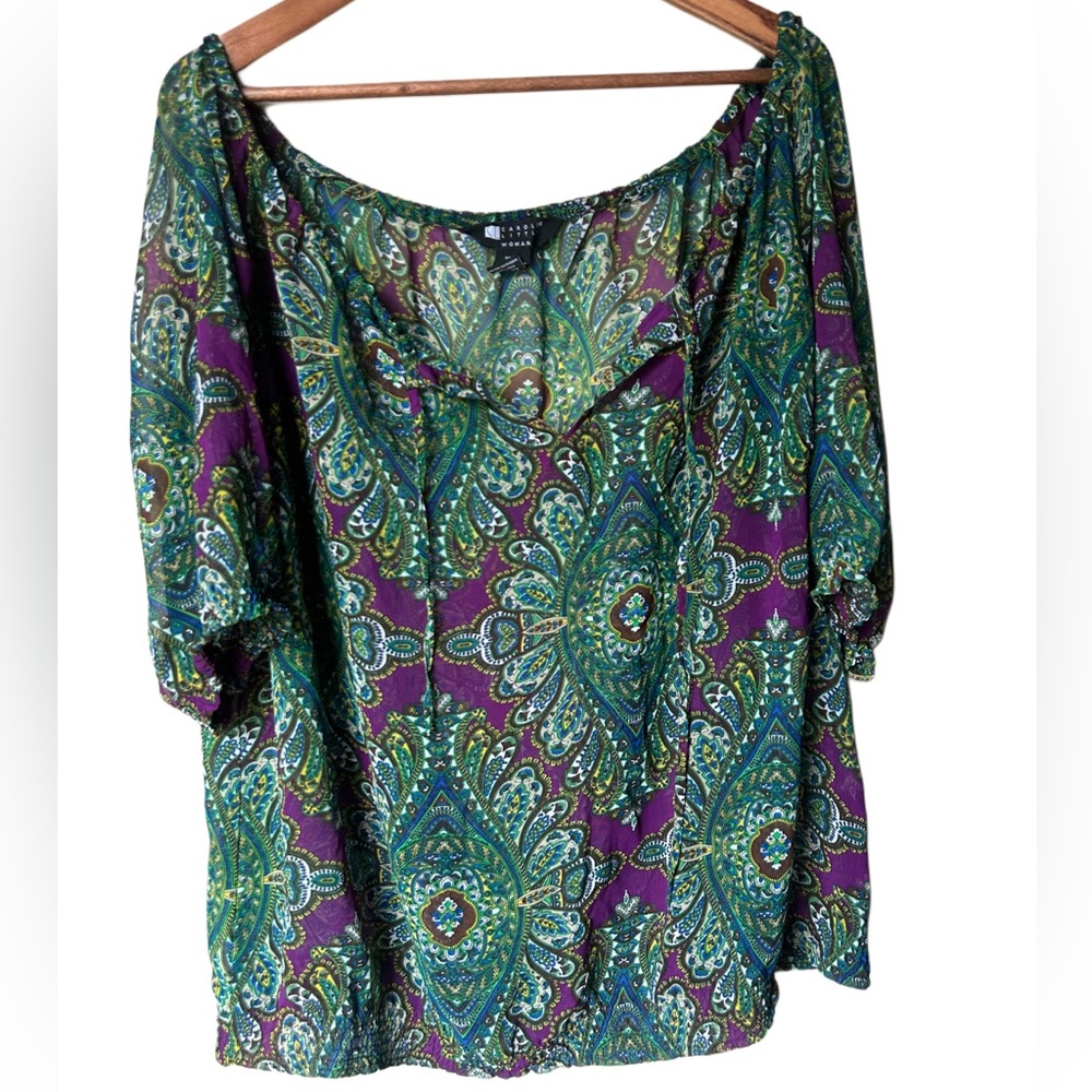 Carole Little Woman Paisley Peasant Top | Purple Green Boho Blouse | Size 2X